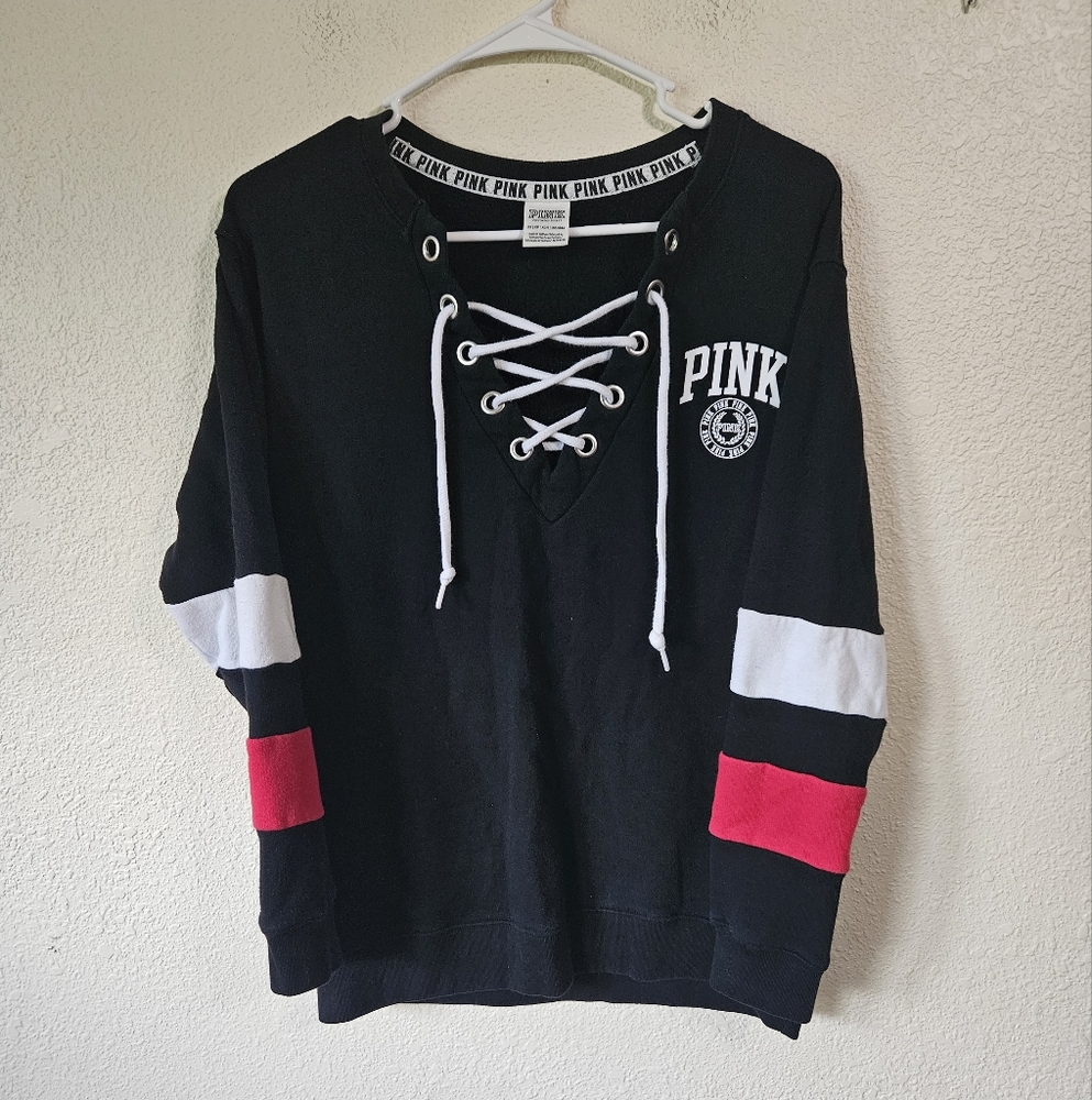 Pink vs xs black lace up V-Neck